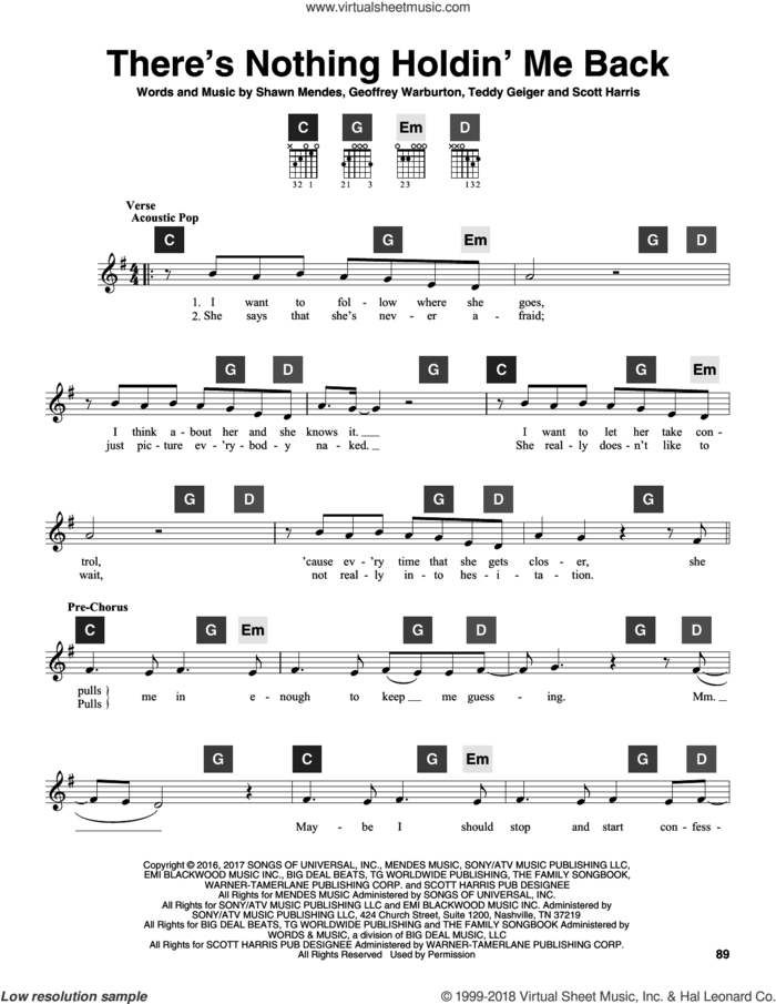 There's Nothing Holdin' Me Back sheet music for guitar solo (ChordBuddy system) by Shawn Mendes, Geoffrey Warburton, Scott Harris and Teddy Geiger, intermediate guitar (ChordBuddy system)