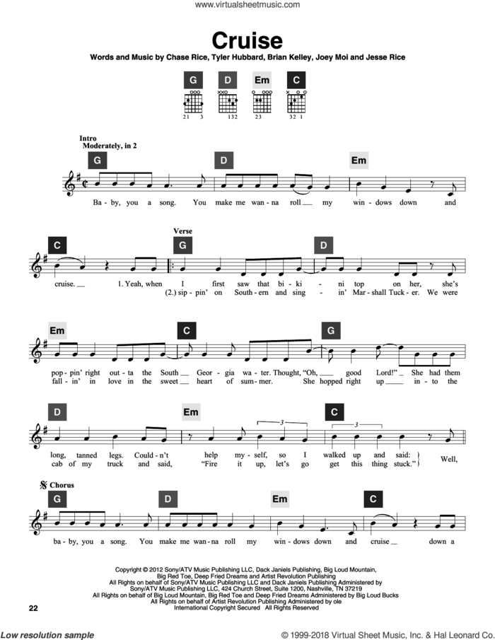 Cruise sheet music for guitar solo (ChordBuddy system) by Florida Georgia Line, Brian Kelley, Chase Rice, Jesse Rice, Joey Moi and Tyler Hubbard, intermediate guitar (ChordBuddy system)
