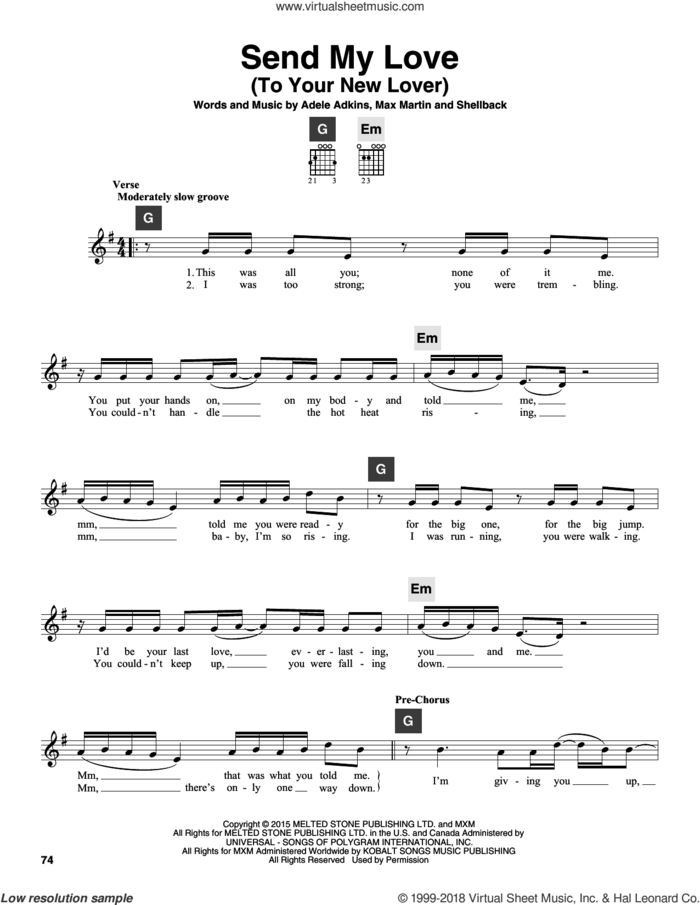 Send My Love (To Your New Lover) sheet music for guitar solo (ChordBuddy system) by Adele, Adele Adkins, Johan Schuster, Max Martin and Shellback, intermediate guitar (ChordBuddy system)