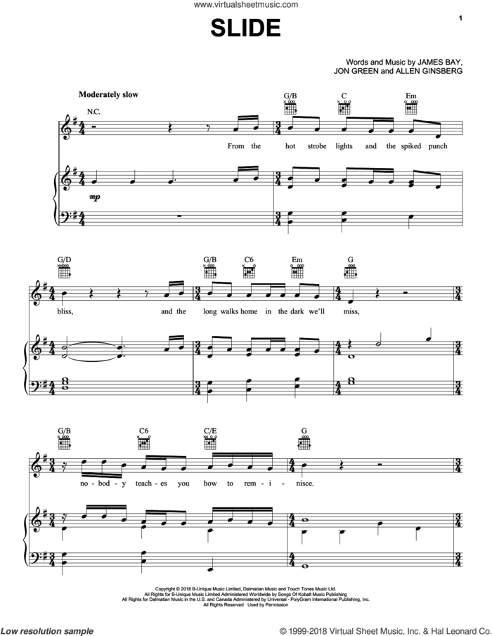 Slide sheet music for voice, piano or guitar by James Bay, Allen Ginsberg and Johnny Green, intermediate skill level