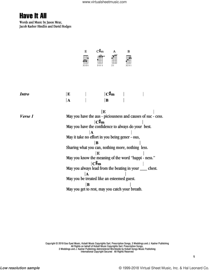 Have It All sheet music for ukulele (chords) by Jason Mraz, David Hodges and Jacob Kasher Hindlin, intermediate skill level
