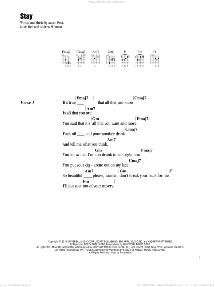 Stay sheet music for guitar (chords) by Post Malone, Andrew Wotman, Austin Post and Louis Bell, intermediate skill level