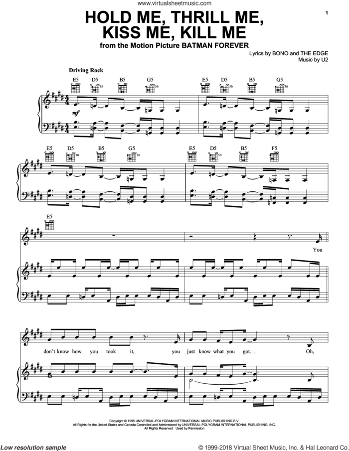 Hold Me, Thrill Me, Kiss Me, Kill Me sheet music for voice, piano or guitar by U2, Bono and The Edge, intermediate skill level