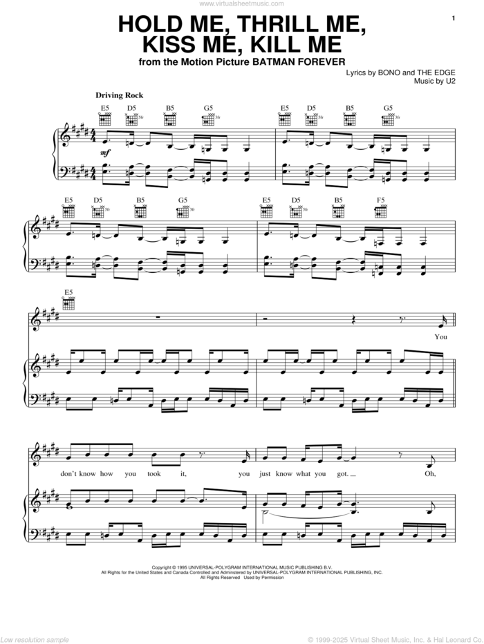 Hold Me, Thrill Me, Kiss Me, Kill Me sheet music for voice, piano or guitar by U2, Bono and The Edge, intermediate skill level