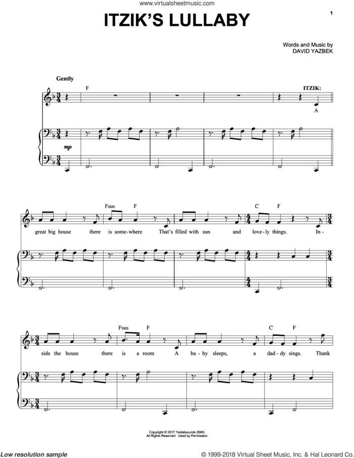 Itzik's Lullaby sheet music for voice and piano by David Yazbek, intermediate skill level