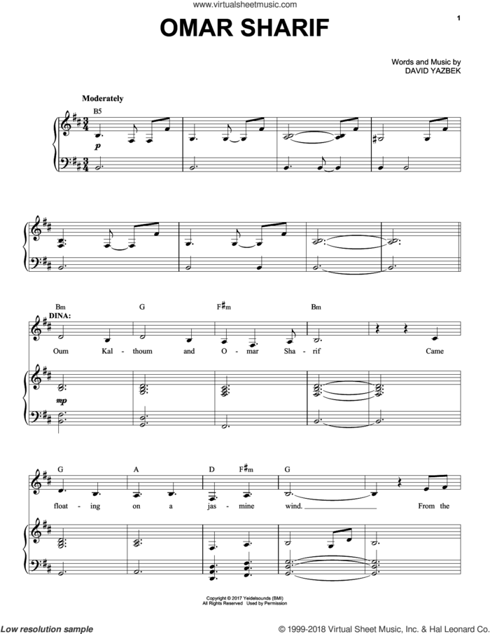 Omar Sharif (from The Band's Visit) sheet music for voice and piano by David Yazbek, intermediate skill level