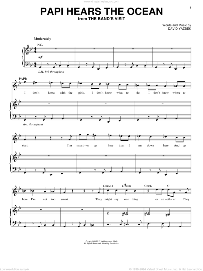 Papi Hears The Ocean (from The Band's Visit) sheet music for voice and piano by David Yazbek, intermediate skill level