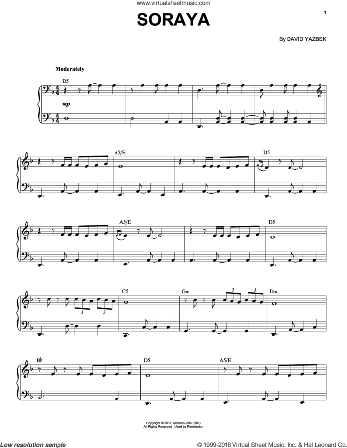 Soraya sheet music for piano solo by David Yazbek, intermediate skill level