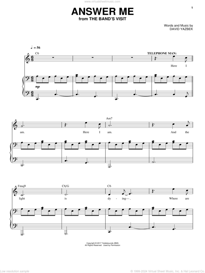 Answer Me sheet music for voice and piano by David Yazbek, intermediate skill level