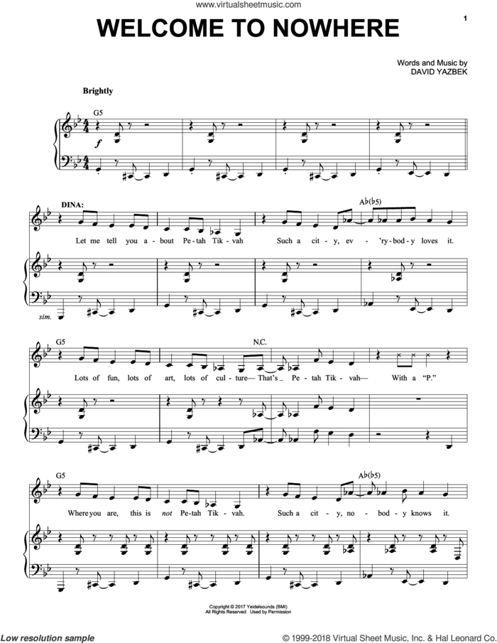 Welcome To Nowhere sheet music for voice and piano by David Yazbek, intermediate skill level