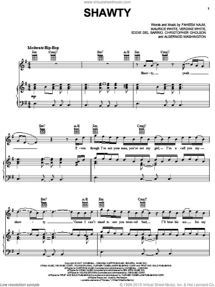 Shawty sheet music for voice, piano or guitar by Plies featuring T-Pain, Plies, T-Pain, Algernod Washington, Christopher Gholson, Eddie Del Barrio, Faheem Najm, Maurice White and Verdine White, intermediate skill level