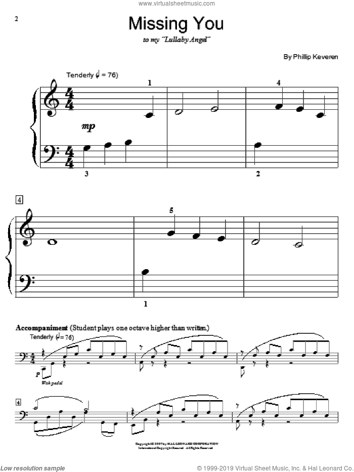 Missing You sheet music for piano solo (elementary) by Phillip Keveren and Miscellaneous, beginner piano (elementary)