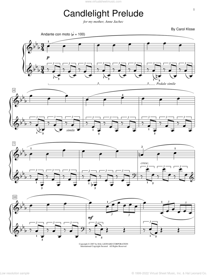 Klose Candlelight Prelude Sheet Music For Piano Solo Elementary