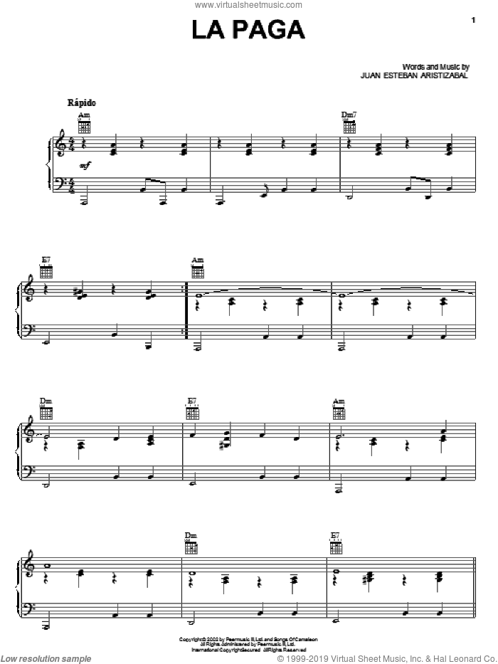 La Paga sheet music for voice, piano or guitar by Juanes and Juan Esteban Aristizabal, intermediate skill level