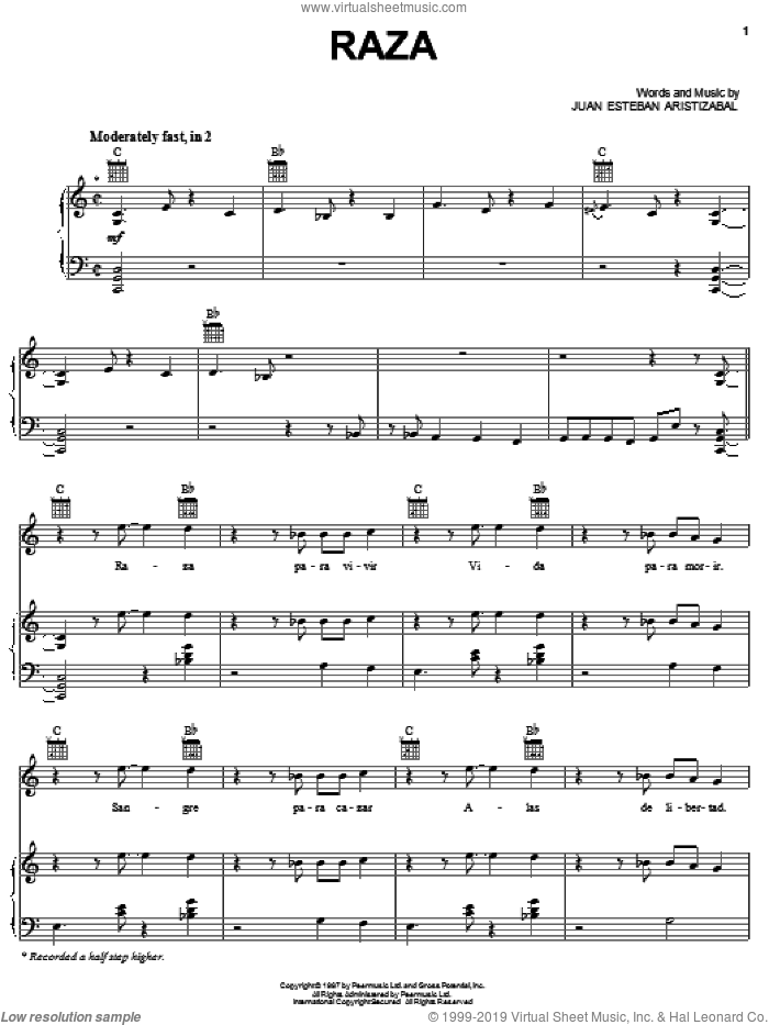 Raza sheet music for voice, piano or guitar by Ekhymosis, Juanes and Juan Esteban Aristizabal, intermediate skill level