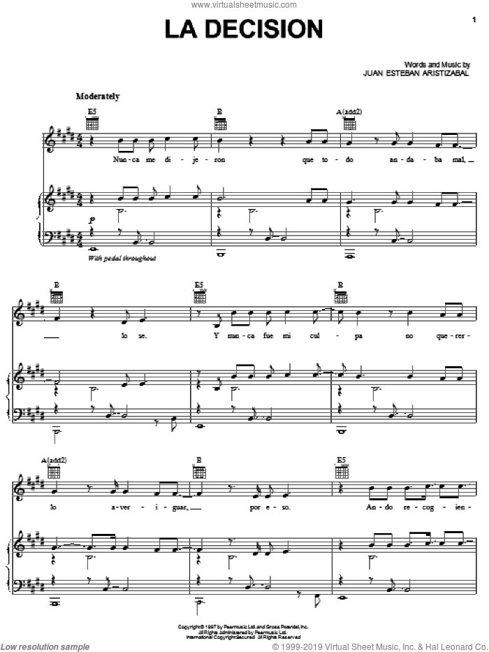 La Decision sheet music for voice, piano or guitar by Ekhymosis, Juanes and Juan Esteban Aristizabal, intermediate skill level