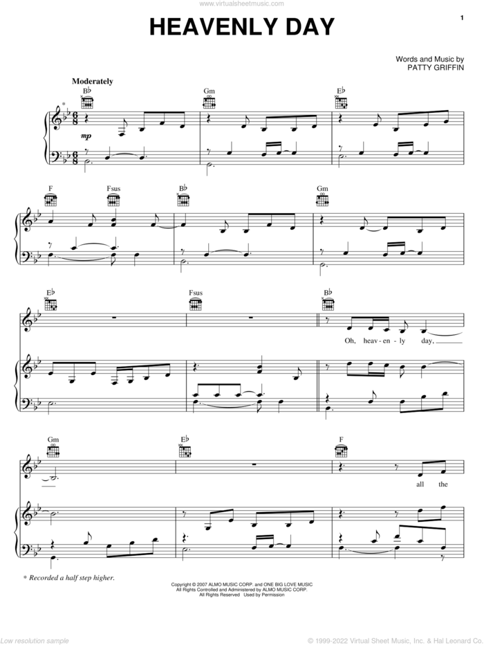 Heavenly Day sheet music for voice, piano or guitar by Patty Griffin, wedding score, intermediate skill level