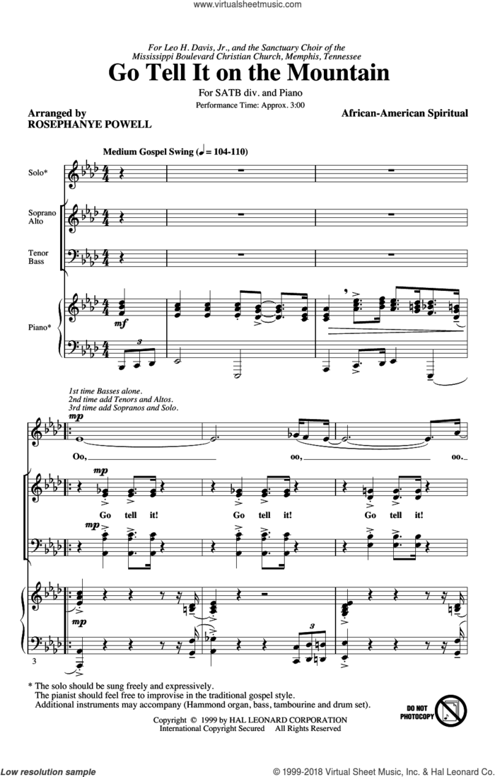 Go, Tell It On The Mountain (arr. Rosephanye Powell) sheet music for choir (SATB: soprano, alto, tenor, bass) by John W. Work, Jr., Rosephanye Powell and Miscellaneous, intermediate skill level