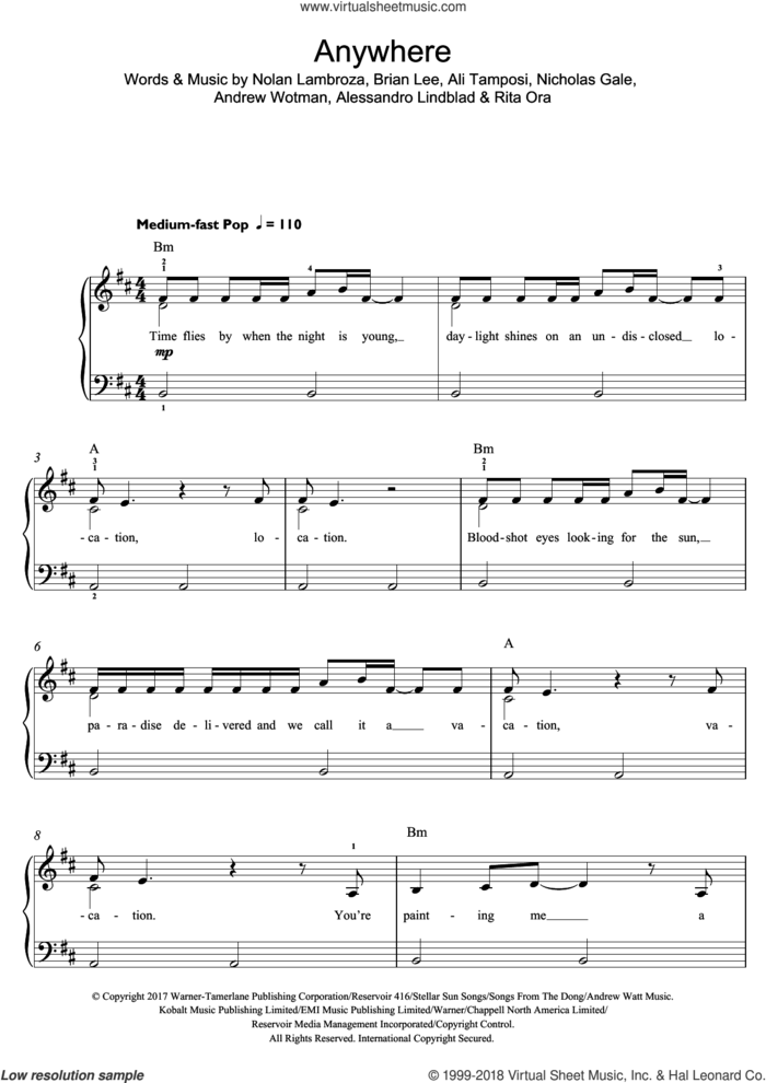 Anywhere sheet music for piano solo (beginners) by Rita Ora, Alessandro Lindblad, Ali Tamposi, Andrew Wotman, Brian Lee, Nicholas Gale and Nolan Lambroza, beginner piano (beginners)