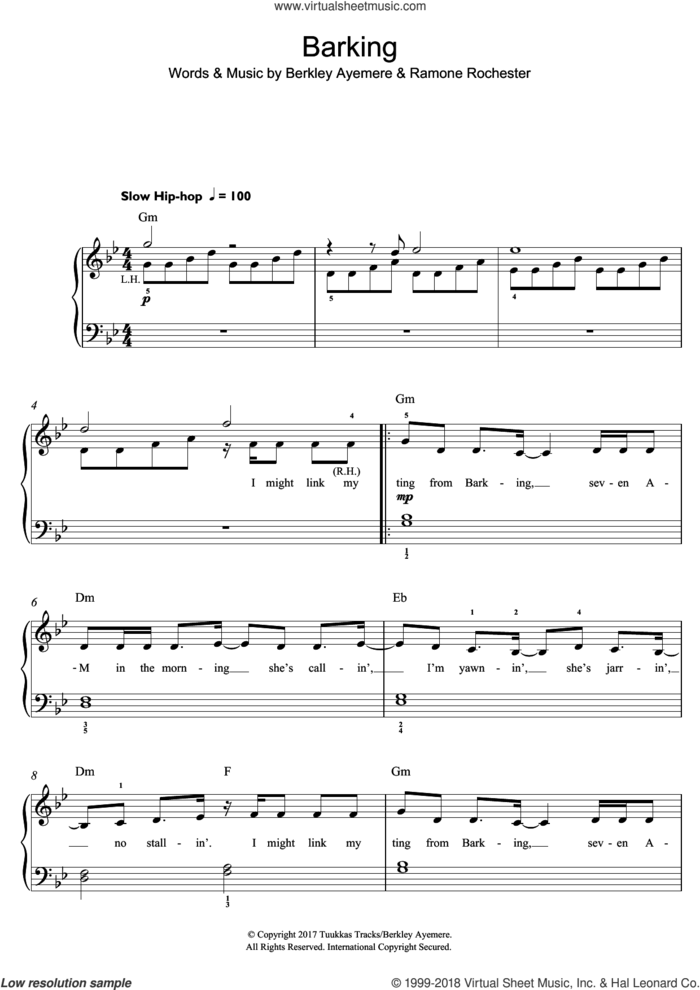 Barking sheet music for piano solo (beginners) by Ramz, Berkley Ayemere and Ramone Rochester, beginner piano (beginners)