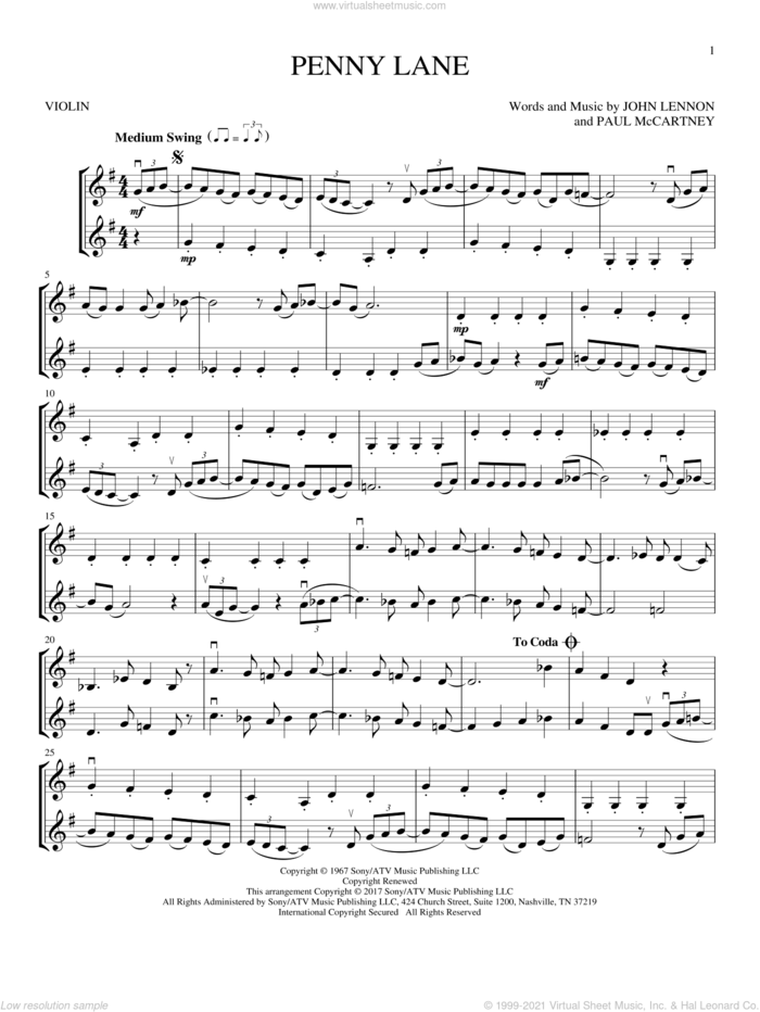 Penny Lane sheet music for two violins (duets, violin duets) by The Beatles, John Lennon and Paul McCartney, intermediate skill level