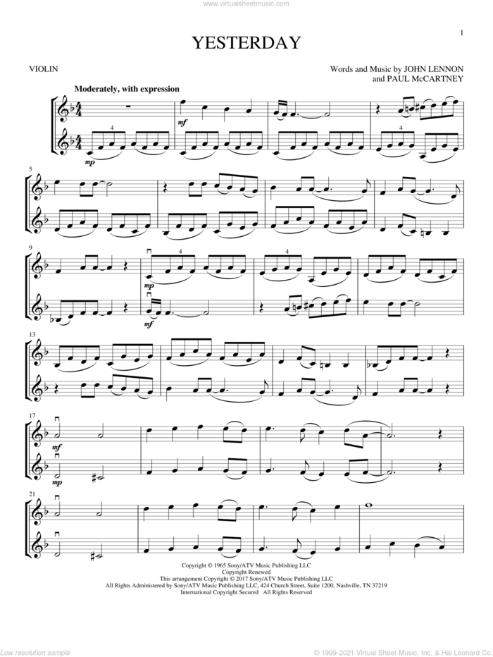 Yesterday sheet music for two violins (duets, violin duets) by The Beatles, John Lennon and Paul McCartney, intermediate skill level