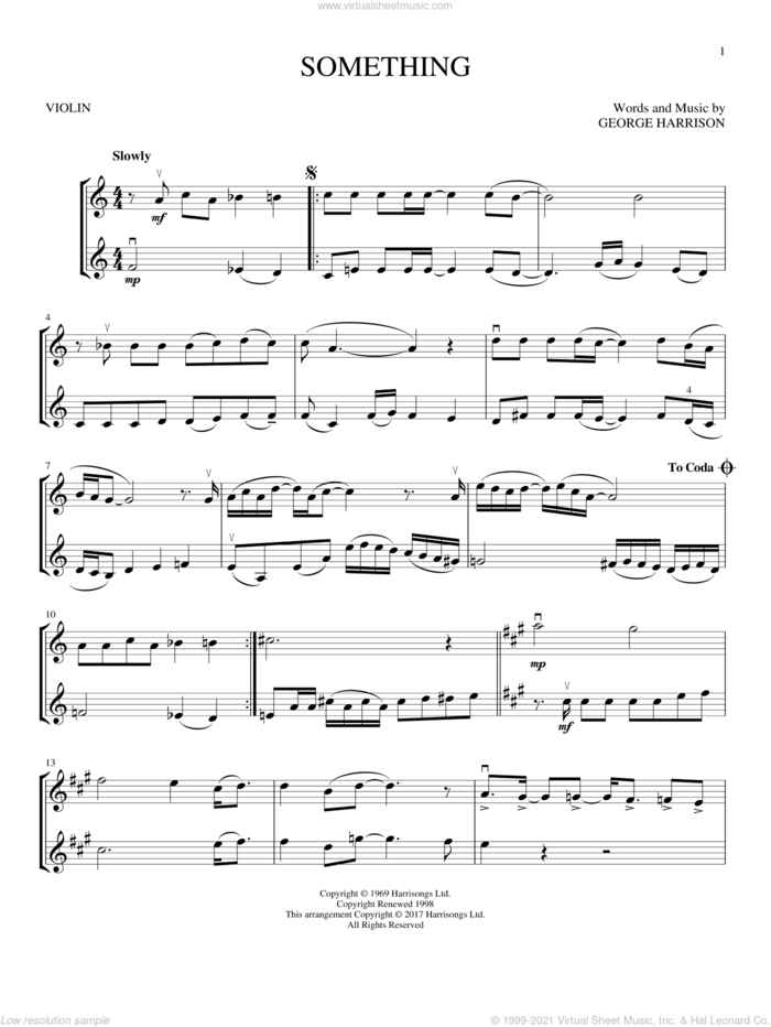 Something sheet music for two violins (duets, violin duets) by The Beatles and George Harrison, intermediate skill level