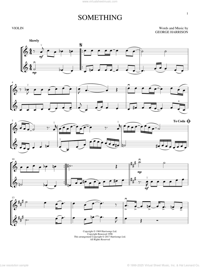 Something sheet music for two violins (duets, violin duets) by The Beatles and George Harrison, intermediate skill level