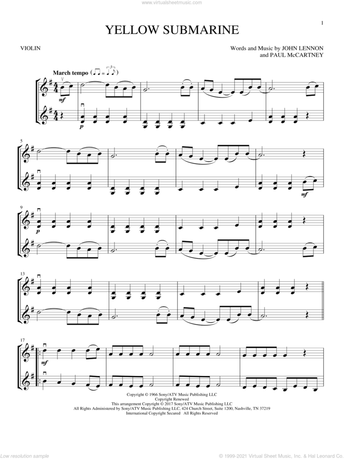 Yellow Submarine sheet music for two violins (duets, violin duets) by The Beatles, John Lennon and Paul McCartney, intermediate skill level