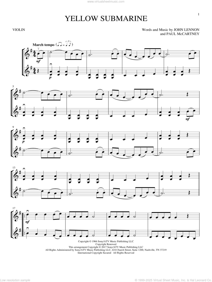 Yellow Submarine sheet music for two violins (duets, violin duets) by The Beatles, John Lennon and Paul McCartney, intermediate skill level