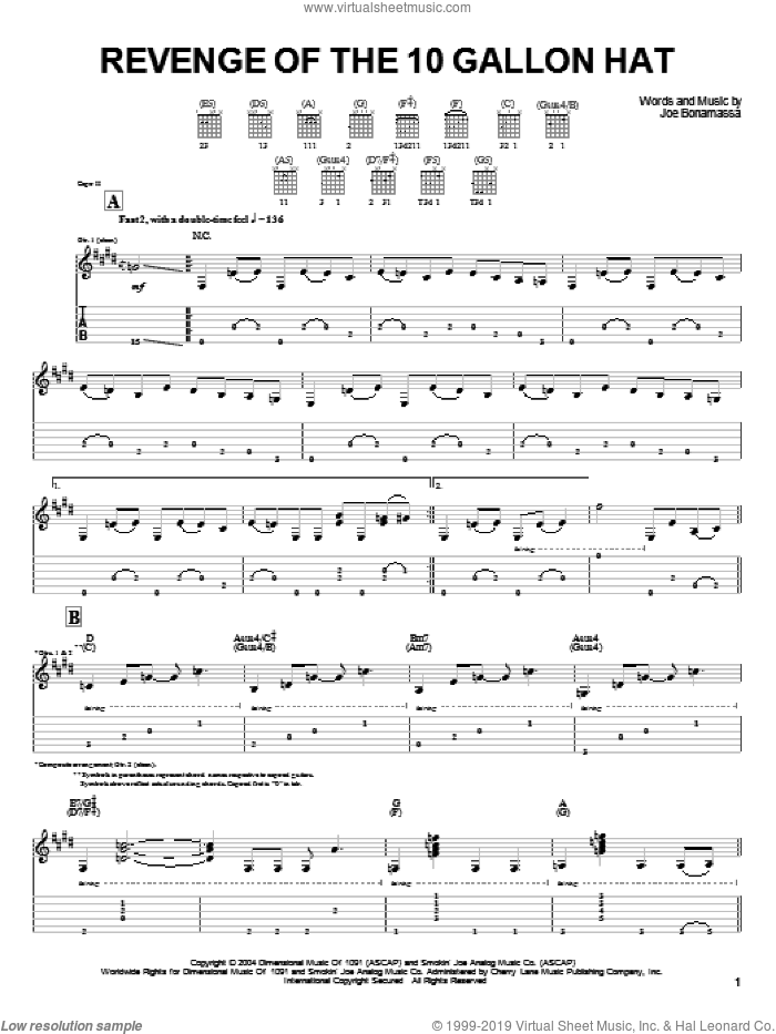 Revenge Of The 10 Gallon Hat sheet music for guitar (tablature) by Joe Bonamassa, intermediate skill level