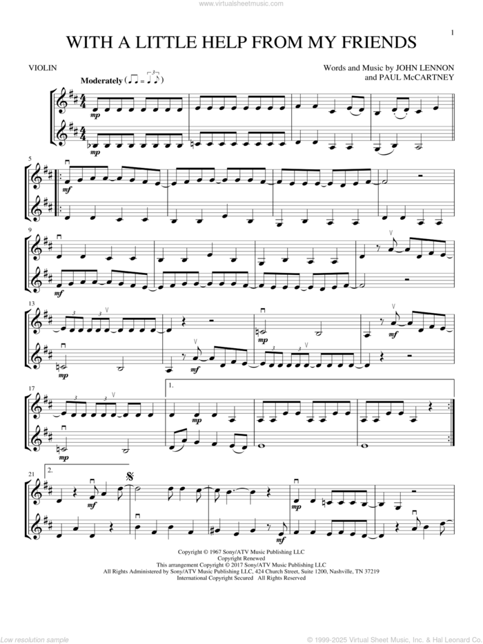 With A Little Help From My Friends sheet music for two violins (duets, violin duets) by Joe Cocker, Sam And Mark, The Beatles, John Lennon and Paul McCartney, intermediate skill level