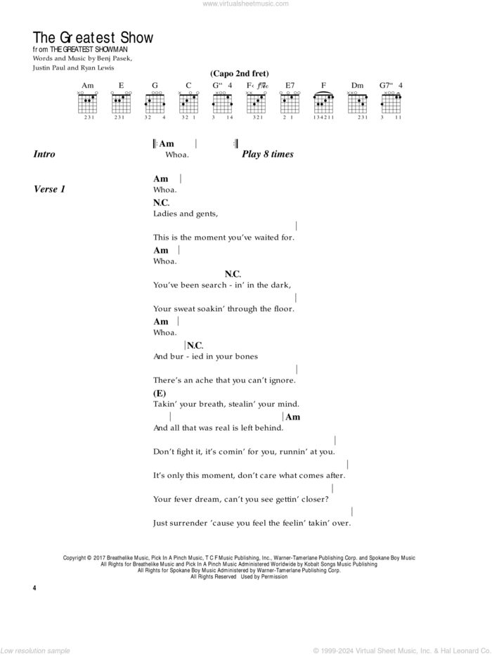 The Greatest Show (from The Greatest Showman) sheet music for guitar (chords) by Pasek & Paul, Benj Pasek, Justin Paul and Ryan Lewis, intermediate skill level