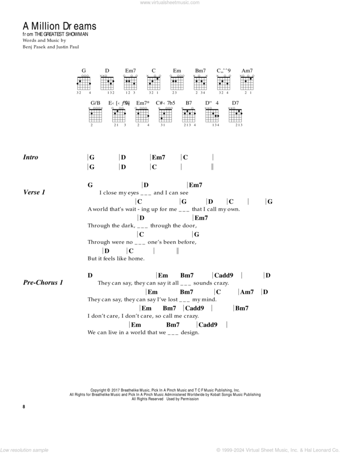 A Million Dreams (from The Greatest Showman) sheet music for guitar (chords) by Pasek & Paul, Benj Pasek and Justin Paul, intermediate skill level