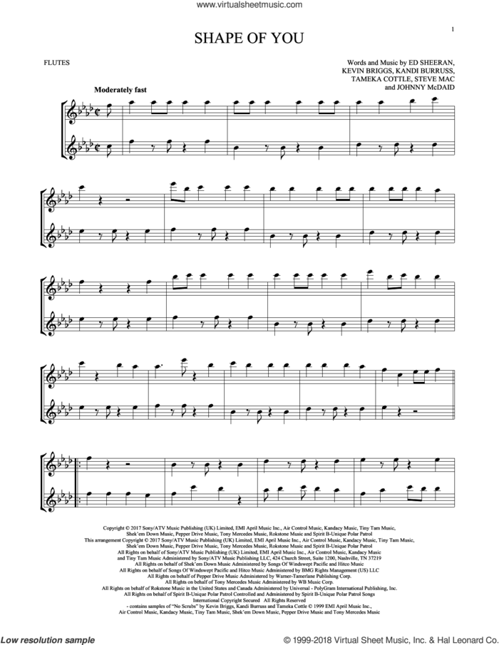 Shape Of You sheet music for two flutes (duets) by Ed Sheeran, Johnny McDaid, Kandi Burruss, Kevin Briggs, Steve Mac and Tameka Cottle, intermediate skill level