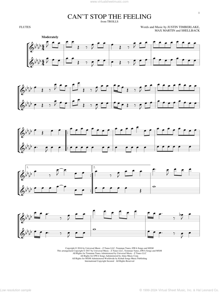 Can't Stop The Feeling sheet music for two flutes (duets) by Justin Timberlake, Johan Schuster, Max Martin and Shellback, intermediate skill level