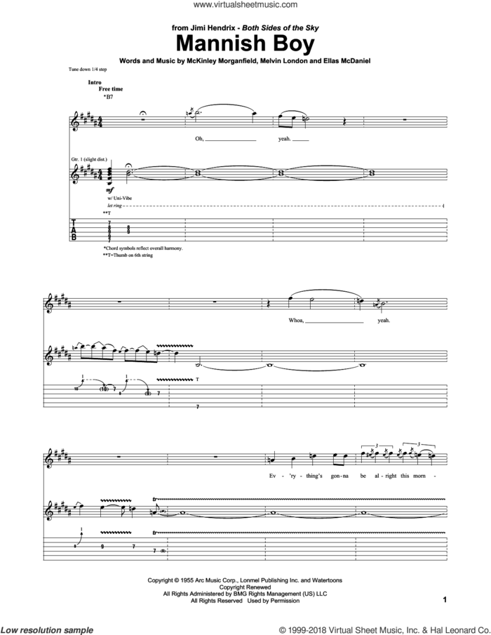 Mannish Boy sheet music for guitar (tablature) by Jimi Hendrix, Ellas McDaniels, McKinley Morganfield and Melvin London, intermediate skill level