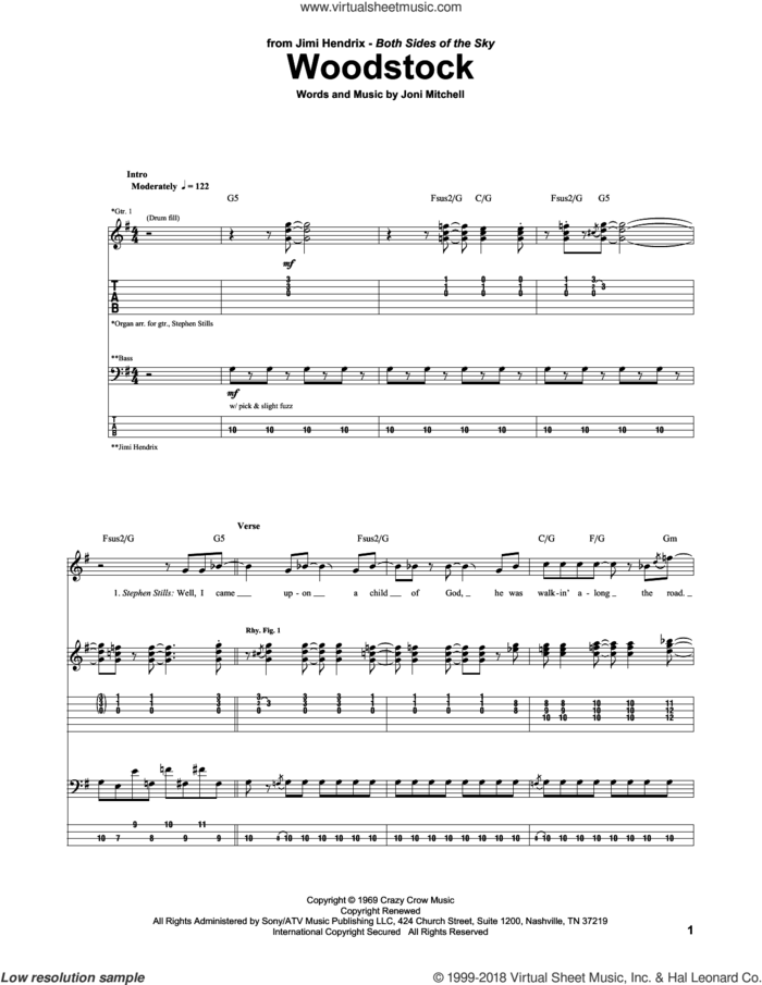 Woodstock sheet music for guitar (tablature) by Jimi Hendrix, Crosby, Stills, Nash and Young and Joni Mitchell, intermediate skill level