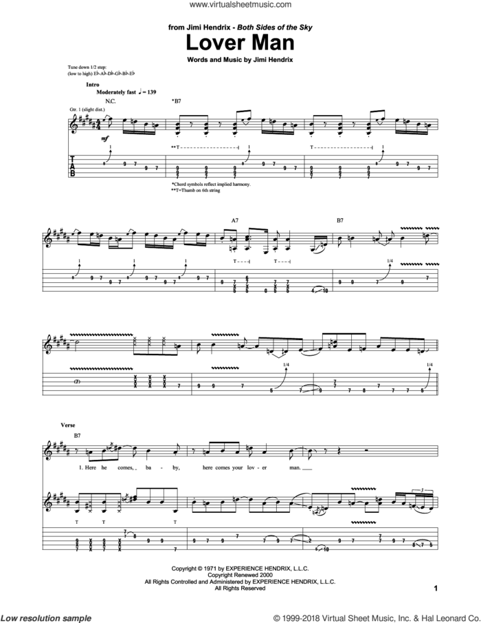 Lover Man sheet music for guitar (tablature) by Jimi Hendrix, intermediate skill level