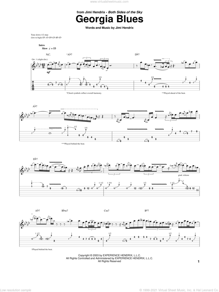 Georgia Blues sheet music for guitar (tablature) by Jimi Hendrix, intermediate skill level