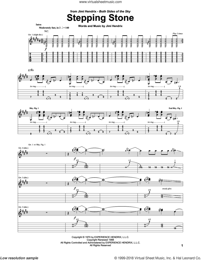 Stepping Stone sheet music for guitar (tablature) by Jimi Hendrix, intermediate skill level