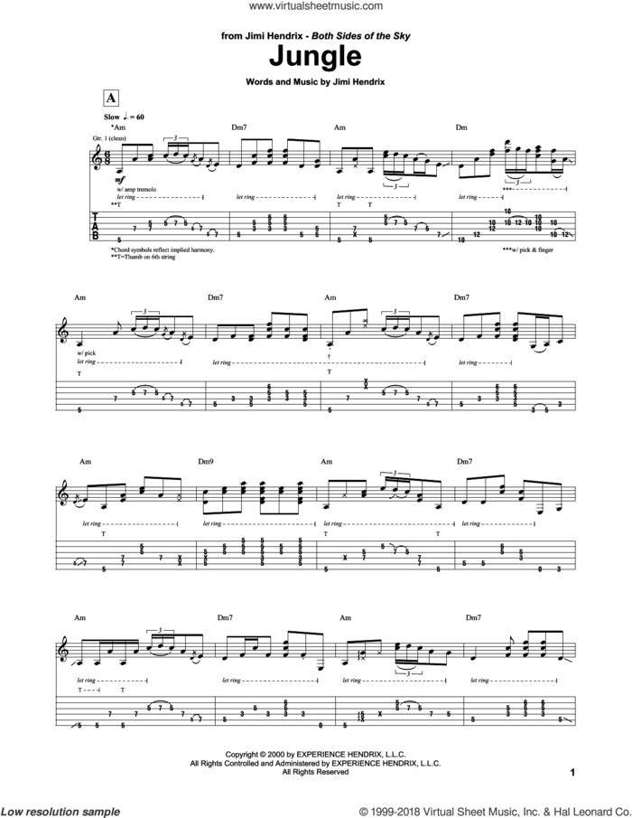 Jungle sheet music for guitar (tablature) by Jimi Hendrix, intermediate skill level