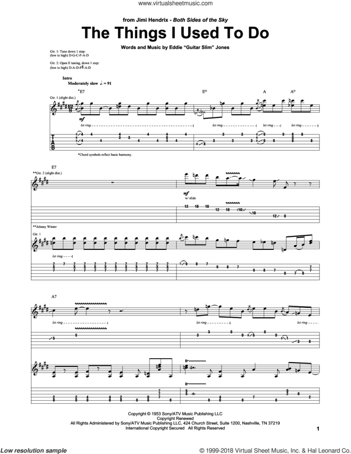 The Things That I Used To Do sheet music for guitar (tablature) by Jimi Hendrix and Eddie 'Guitar Slim' Jones, intermediate skill level