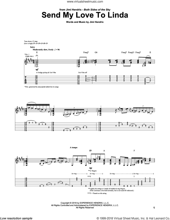 Send My Love To Linda sheet music for guitar (tablature) by Jimi Hendrix, intermediate skill level