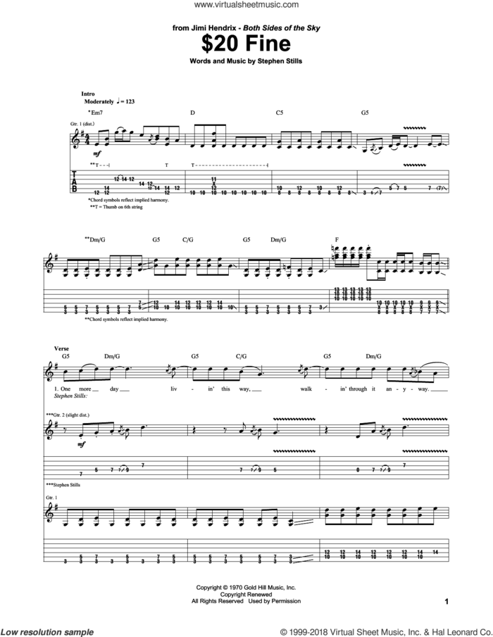 $20 Fine sheet music for guitar (tablature) by Jimi Hendrix and Stephen Stills, intermediate skill level