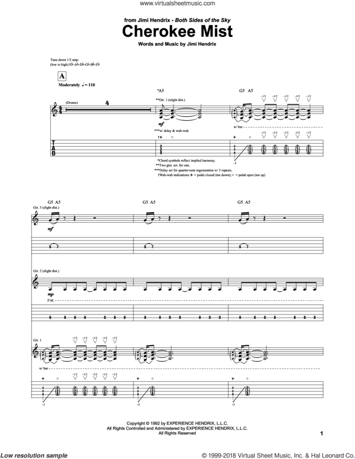 Cherokee Mist sheet music for guitar (tablature) by Jimi Hendrix, intermediate skill level