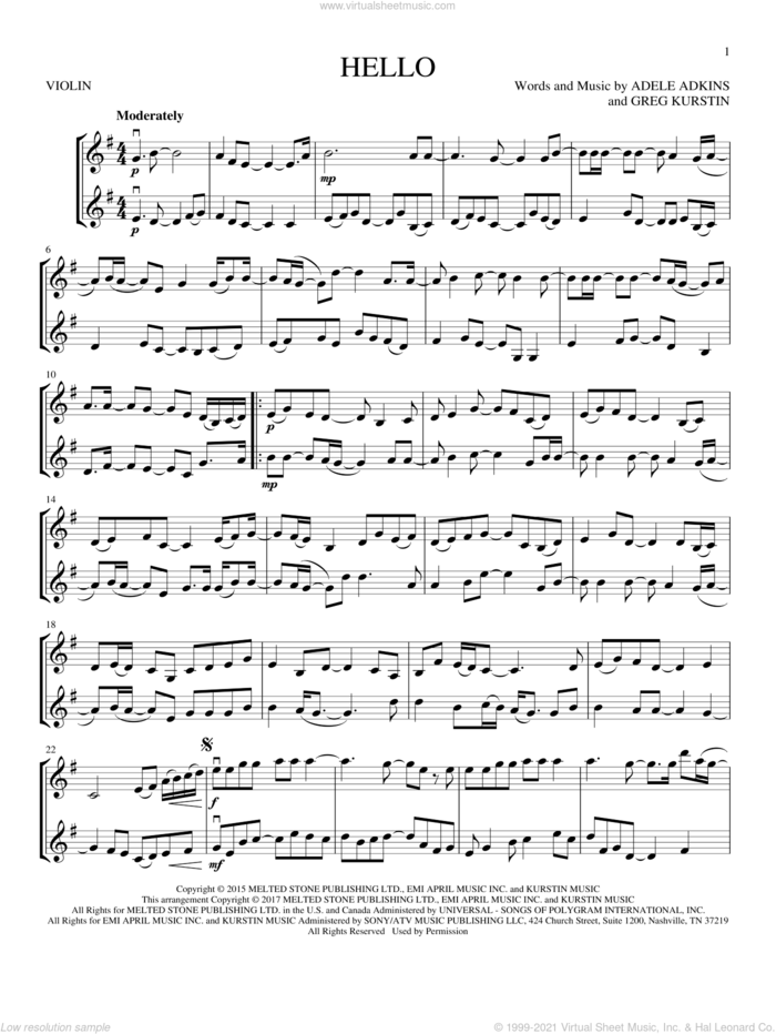 Hello sheet music for two violins (duets, violin duets) by Adele, Adele Adkins and Greg Kurstin, intermediate skill level