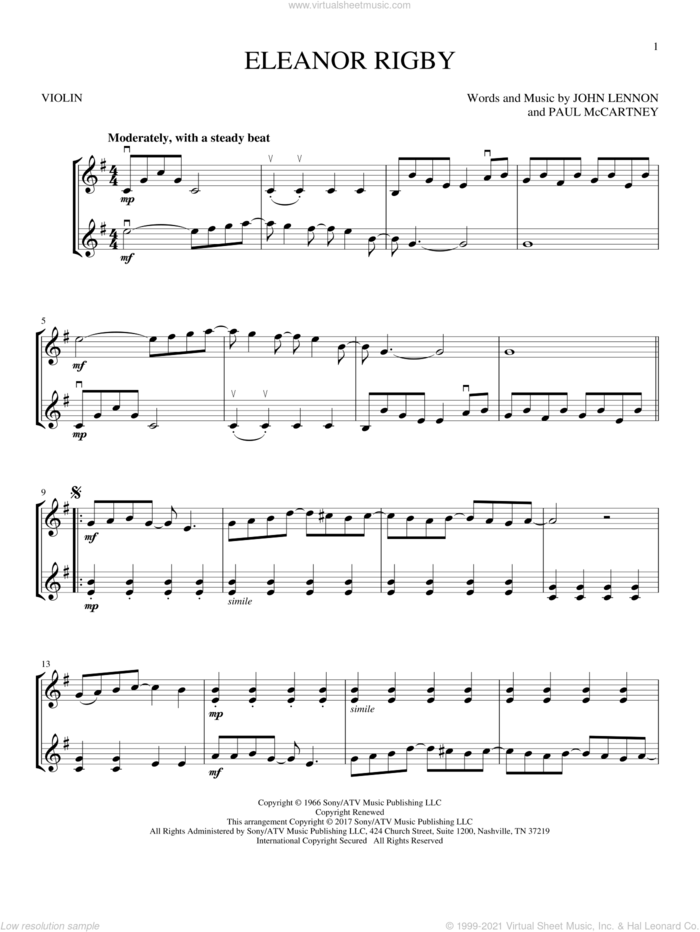 Eleanor Rigby sheet music for two violins (duets, violin duets) by The Beatles, John Lennon and Paul McCartney, intermediate skill level