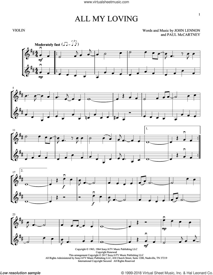 All My Loving sheet music for two violins (duets, violin duets) by The Beatles, John Lennon and Paul McCartney, intermediate skill level