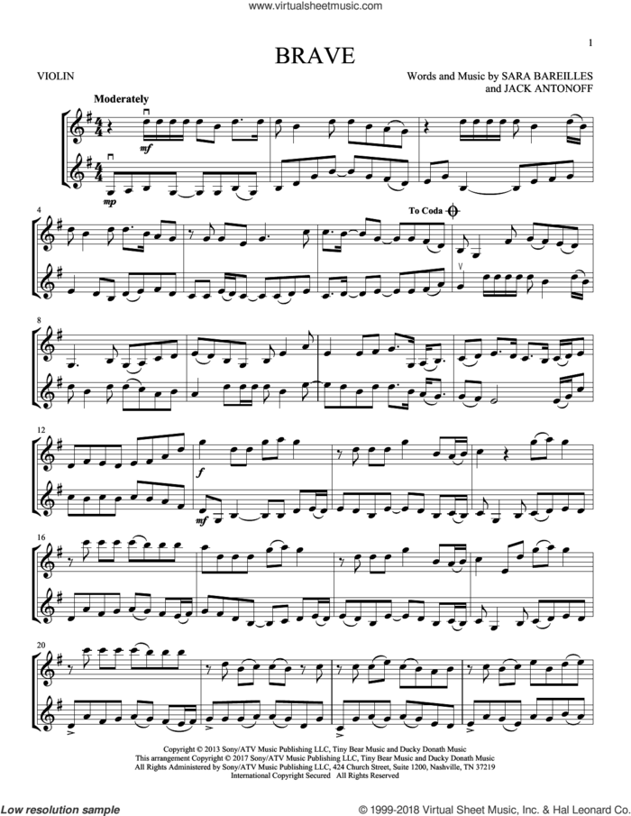Brave sheet music for two violins (duets, violin duets) by Sara Bareilles and Jack Antonoff, intermediate skill level